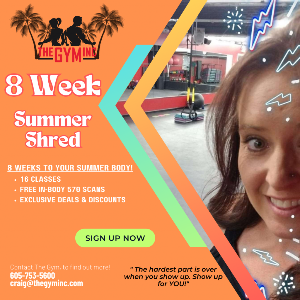 Graphic containing information on the 8 Week Summer Shred along with a photo of Melissa